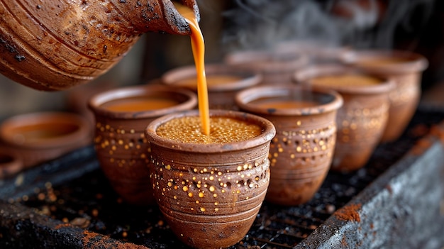 Foto aromatischer indischer masala chai wird in tonbecher gegossen