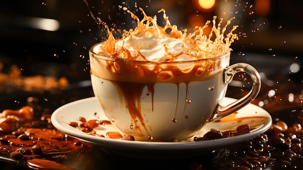Aromatischer Kaffee spritzt in einer Cappuccino-Tasse