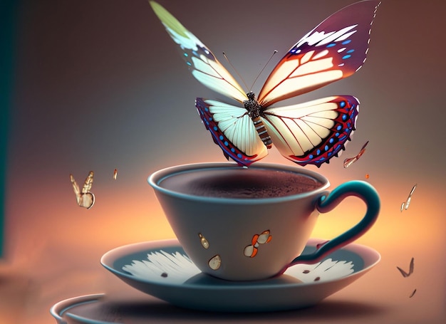 Aromatischer Tasse Kaffee-Schmetterling in der Luft