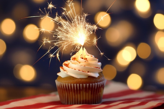 Aromen der Unabhängigkeit Eine brennende Wunderkerze auf einem Cupcake sorgt für einen Hauch von Festlichkeit