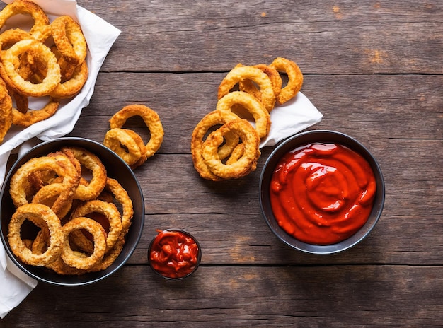 aros de cebolla y ketchup en una mesa