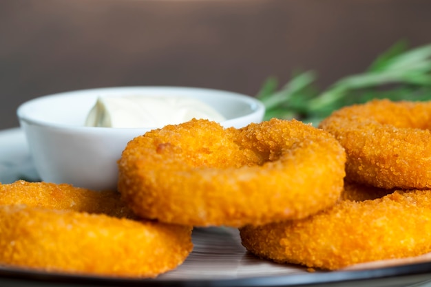 Aros de queso fritos con salsa cremosa de ajo, platos de restaurante a base de queso con salsa