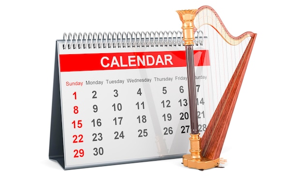 Arpa con renderizado 3D de calendario de escritorio