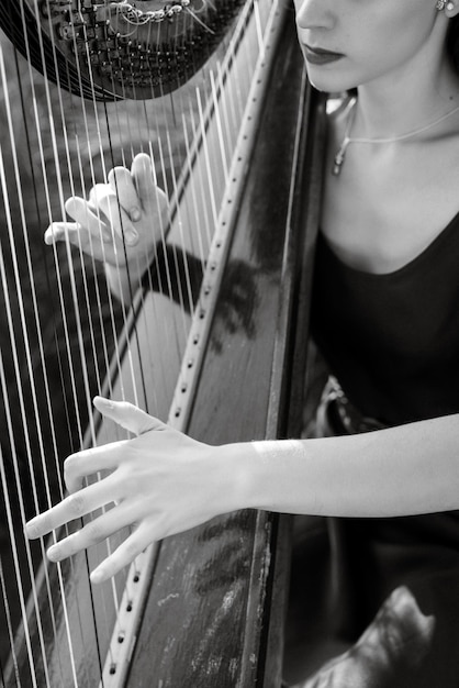 Arpista tocando un arpa vieja en el jardín