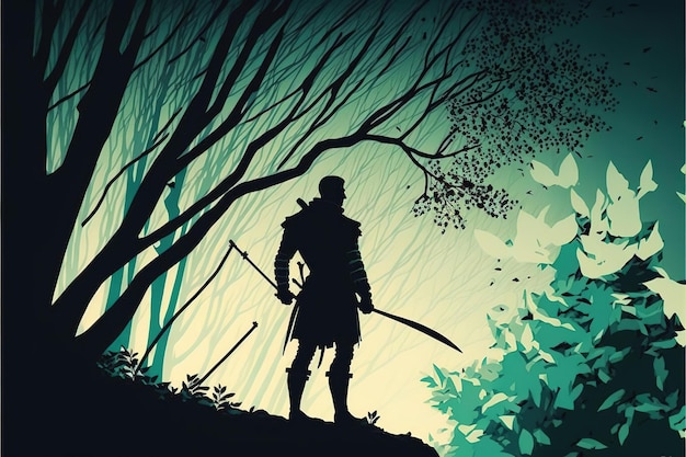 Arqueiro em pé em uma árvore na floresta de fantasia ilustração de estilo de arte digital pintura conceito de fantasia de um arqueiro na floresta