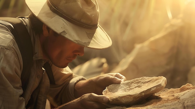 Un arqueólogo examina cuidadosamente una muestra de roca en el campo lleva un sombrero para protegerse del sol lleva ropa caqui