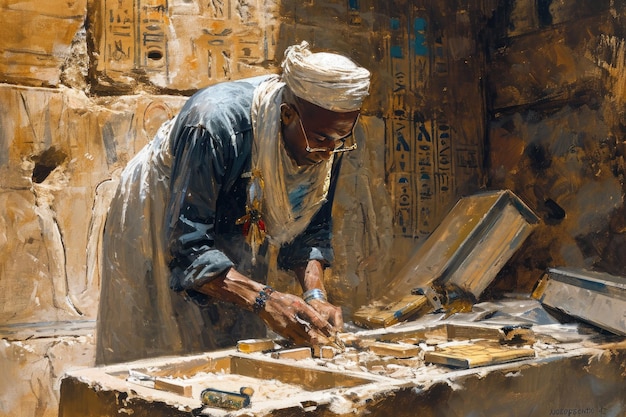 Foto un arqueólogo hace un importante descubrimiento en una tumba egipcia