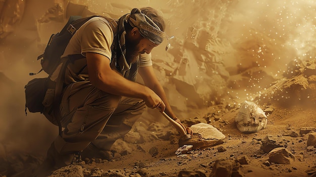 Foto un arqueólogo limpia cuidadosamente la arena para revelar un artefacto antiguo