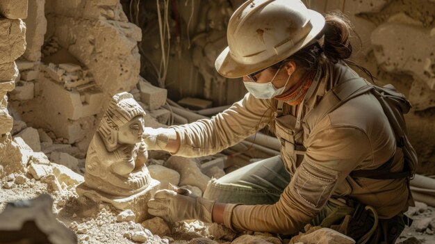 Un arqueólogo polvoriento examina cuidadosamente una delicada y intrincadamente tallada estatuilla encontrada dentro de un