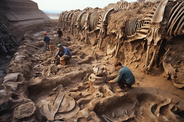 Un arqueólogo que trabajaba en el campo descubrió un esqueleto de dinosaurio con herramientas especiales en excavaciones arqueológicas AI Generative