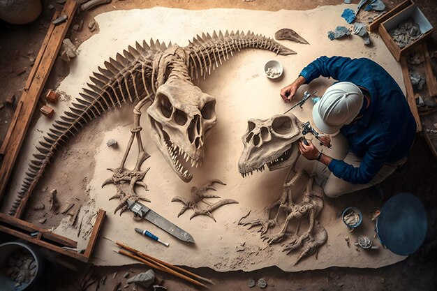 Foto arqueólogo trabaja en un sitio arqueológico con esqueleto de dinosaurio en excavaciones de tiranosaurio fósil de piedra de pared red neuronal generada por ia