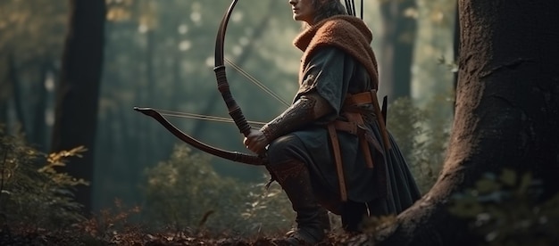 Foto arquero en el bosque con un arco y una flecha en sus manos generativo ai
