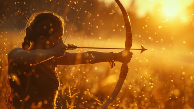 Foto el arquero enfocado tira el arco en un campo iluminado por el sol apuntando a un objetivo lejano