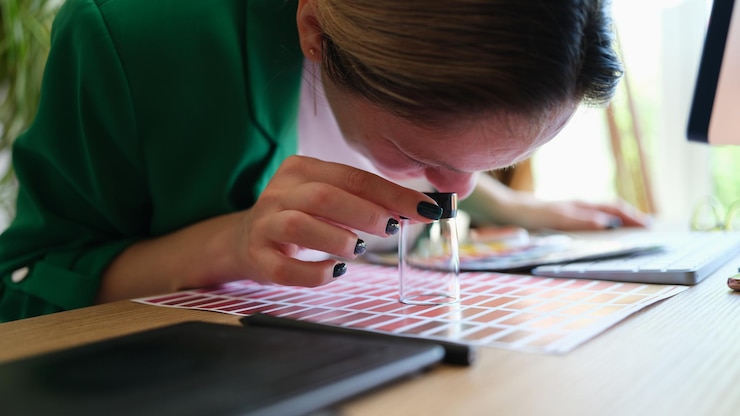 Foto la arquitecta diseñadora mira a través de una lupa a la estilista de moda de la paleta de colores
