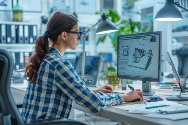 Arquitecta engenheira usando programa CAD em escritório de start-up