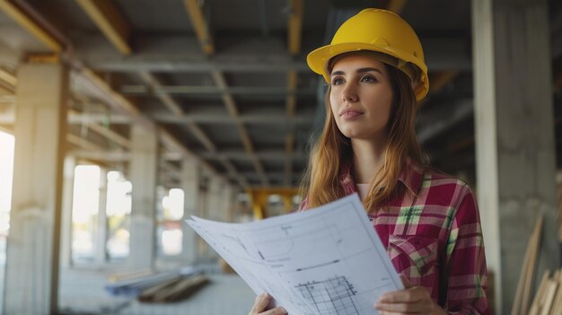 Arquitecta examinando con confianza los planos en un sitio de construcción trabajadores arquitecto hd co