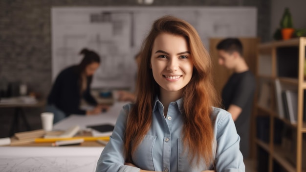 Arquitecta sonriente en una oficina moderna AI generativa AIG21