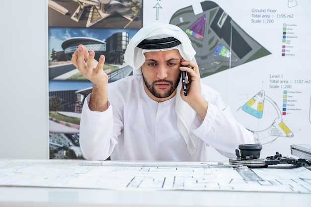 Arquitecto árabe hablando por teléfono mientras trabaja