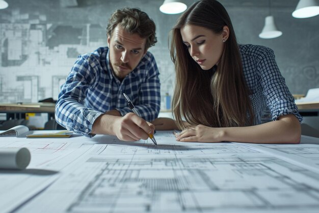 arquitecto ayudando a un arquitecto en el trabajo frente a un plano