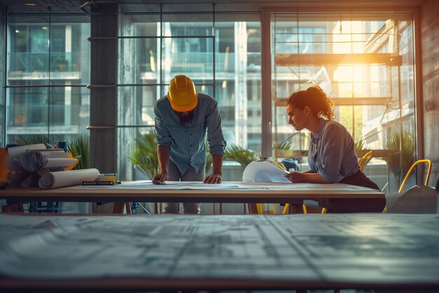 arquitecto ayudando a un arquitecto en el trabajo frente a un plano