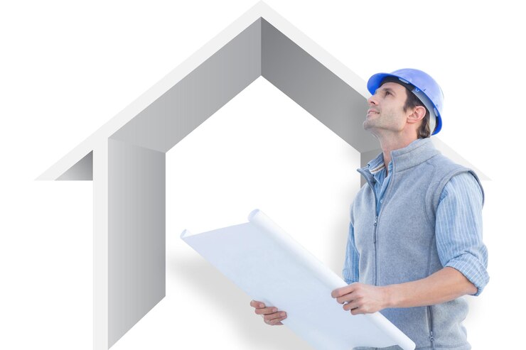 Arquitecto con blueprint contra el esquema de la casa