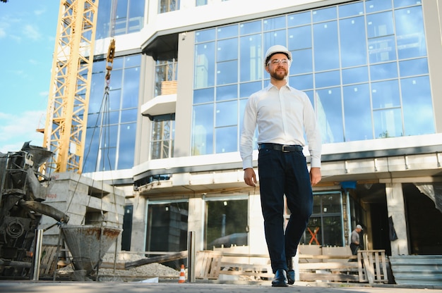 Arquitecto en casco cerca de edificio nuevo