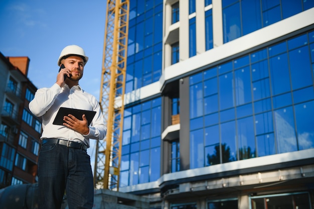 Arquitecto en casco escribiendo algo cerca del nuevo edificio