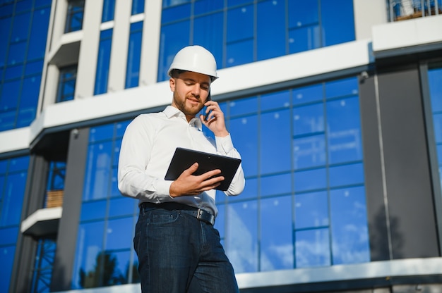 Arquitecto en casco escribiendo algo cerca del nuevo edificio