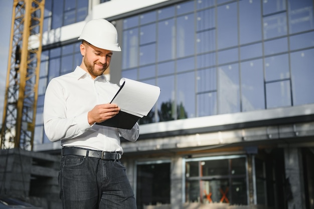 Arquitecto en casco escribiendo algo cerca del nuevo edificio