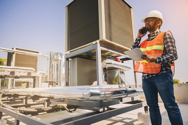 Arquitecto e ingeniero de construcción trabajando en la fábrica de máquinas de refrigeración