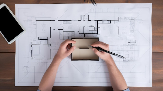 Arquitecto elaborando planos desde un punto de vista elevado