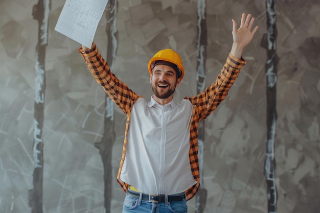 El arquitecto emocionado celebra el éxito con las manos levantadas y el plan del proyecto