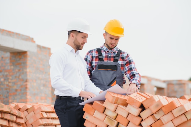 Arquitecto ingeniero con casco y chaleco de seguridad trabajando juntos en equipo en un sitio de construcción importante