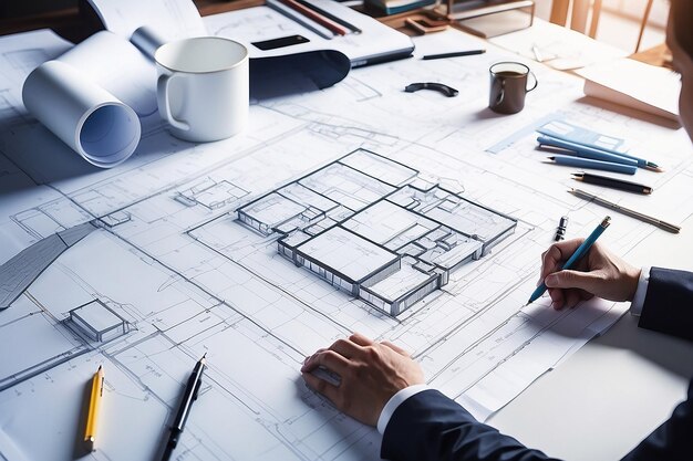 Arquitecto Ingeniero Diseño Trabajando en el Plan de Planificación Concepto Construcción Concepto