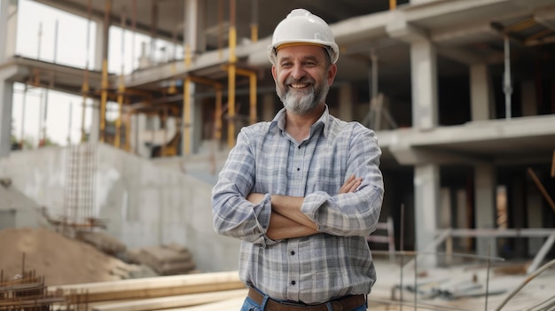 Un arquitecto maduro feliz con un casco de pie en el sitio de construcción