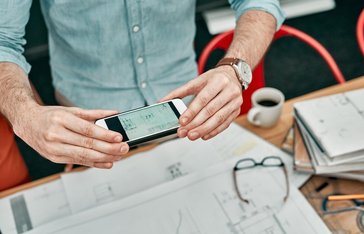 Foto arquitecto de manos y plan con teléfono con documento para comunicación en pantalla imagen o revisión ingeniero de personas y plan de piso con desarrollo y diseño de aplicaciones móviles en una agencia de construcción