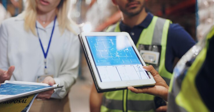 Foto arquitecto de manos y tableta para el plan en el almacén logístico para el diseño y la expansión del edificio personas contratistas y scrum en la aplicación para la revisión del plan de piso o reunión en la fábrica para la cadena de suministro
