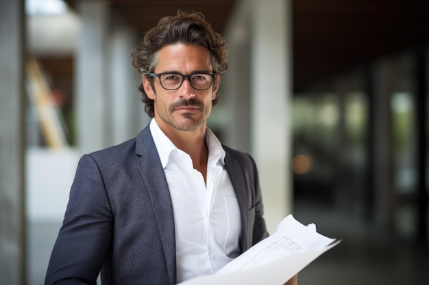 Arquitecto masculino de 40 años con un traje profesional sosteniendo un modelo arquitectónico