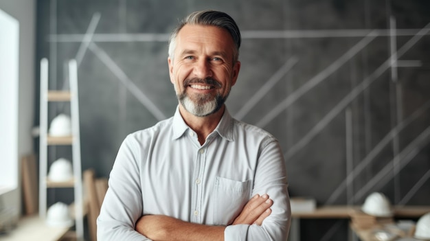 Arquitecto masculino de los años 40 cara sonriente de pie en una oficina moderna y creativa IA generativa AIG20