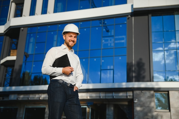 Arquitecto masculino exitoso en un sitio en construcción