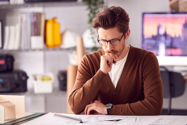 Arquitecto masculino en la oficina trabajando en el escritorio con modelo de construcción de madera