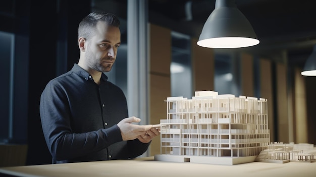 Un arquitecto masculino sosteniendo un modelo de construcción en la oficina IA generativa AIG21