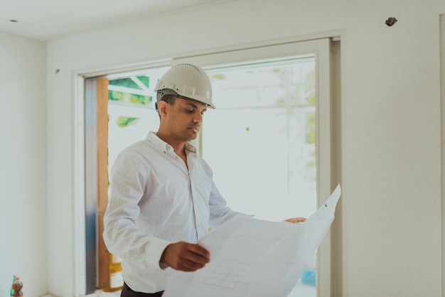 Un arquitecto mirando el plan y pensando en trabajar en un gran proyecto Edificio en el interior del proceso de construcción