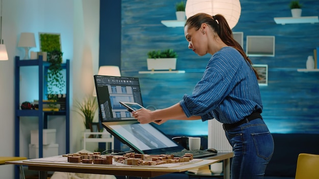 Arquitecto mirando tableta y computadora para el diseño de la construcción en la oficina. Mujer ingeniera trabajando con tecnología y maqueta para construir modelo. plan de desarrollo arquitectonico