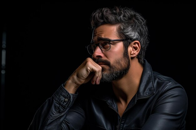 Arquitecto reflexivo con gafas de diseño sobre fondo negro plano