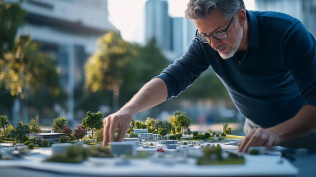 Arquitecto revisando el modelo de desarrollo urbano al aire libre
