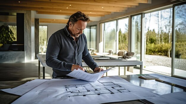 Un arquitecto revisando los planes para dirigir la construcción de una casa