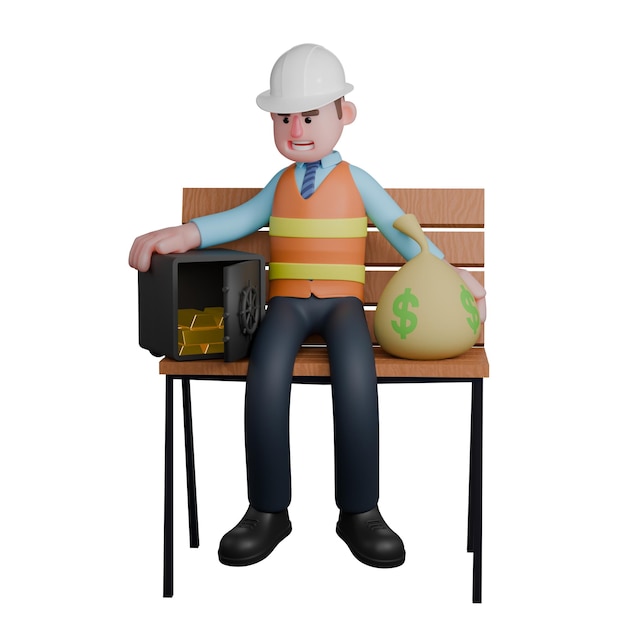 Un arquitecto se sienta entre una caja fuerte y una bolsa de dinero con ambas manos sosteniendo ambos objetos Diseñador masculino