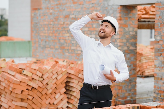 Arquitecto en un sitio de construcción con planos