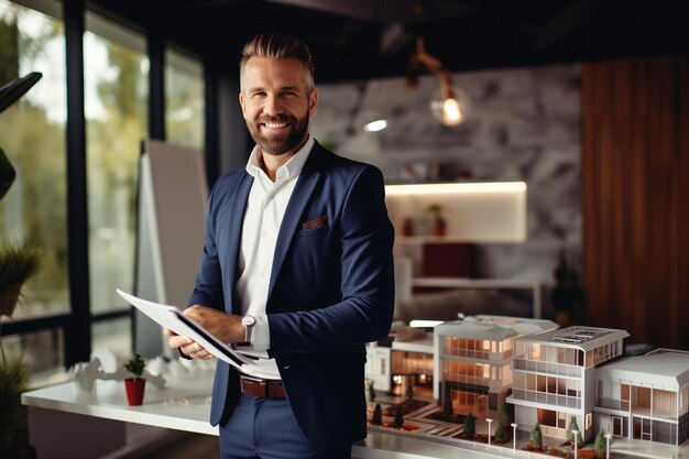 Foto arquitecto sonriente con tablet futurista y modelo de casa de pie en el escritorio